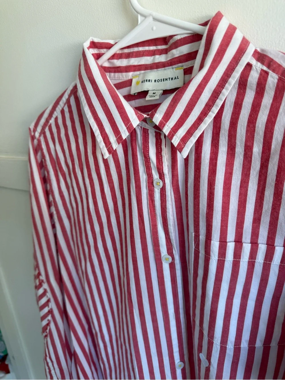 Kerri Rosenthal Mia Stripe Shirt Red White Cotton Heart Patch Button Down Sz M
